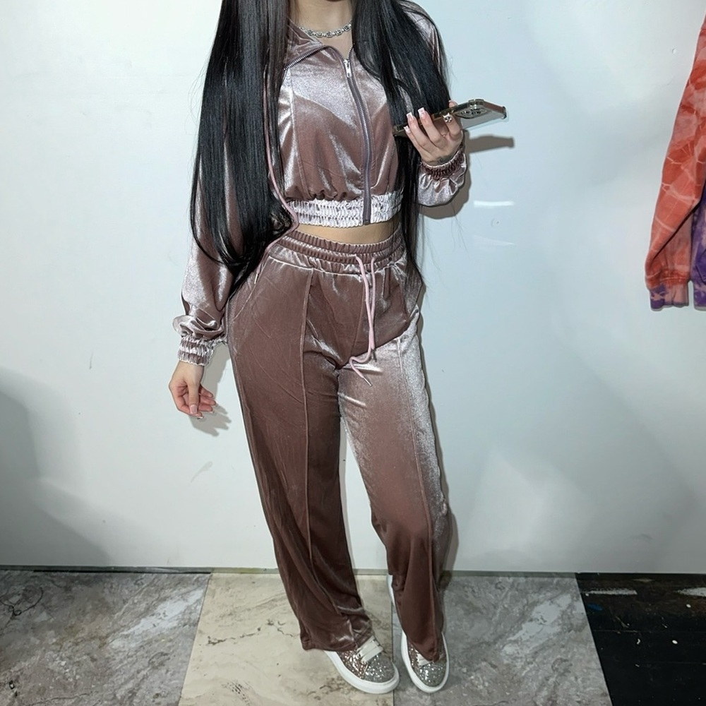Pink suede 2 piece sweat suit